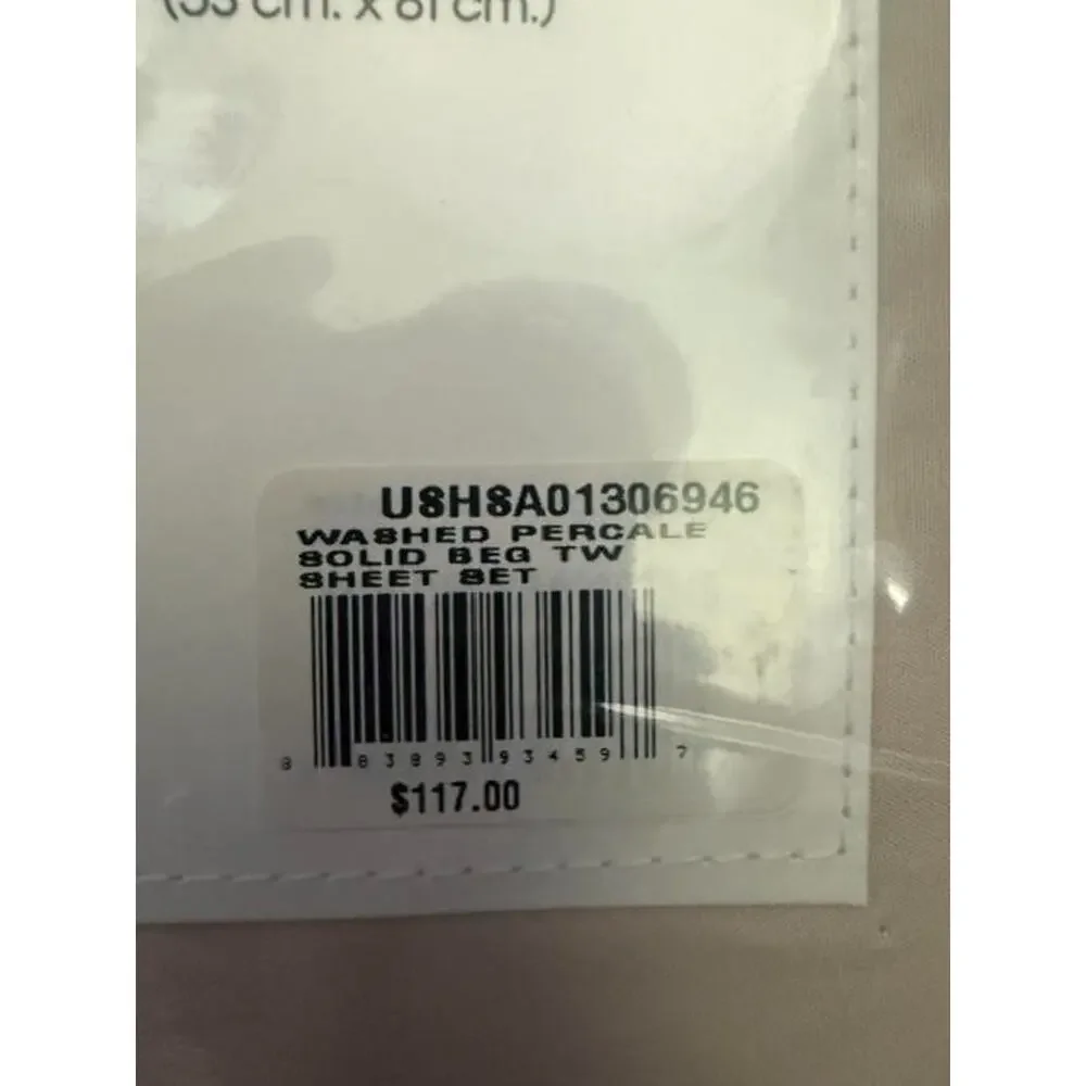 Calvin Klein Twin 3 Piece Sheet Set Beige Washed Percale 200TC Cotton NEW